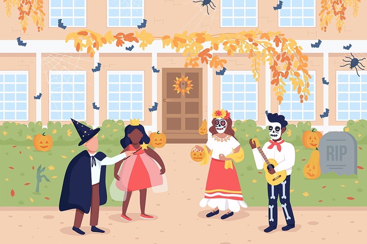 Trick or treat on Halloween flat color vector illustration set