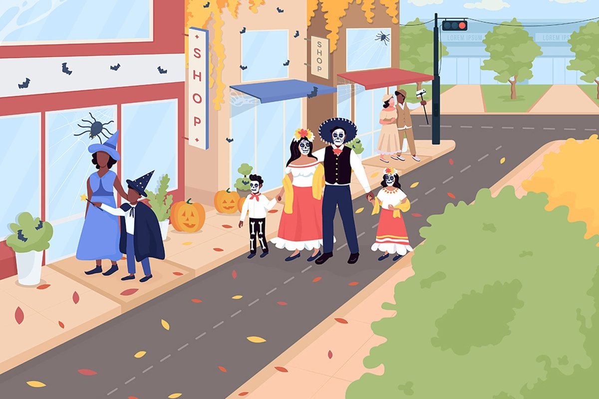 Trick or treat on Halloween flat color vector illustration set