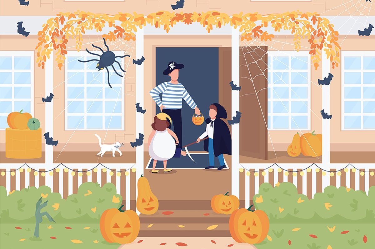 Trick or treat on Halloween flat color vector illustration set