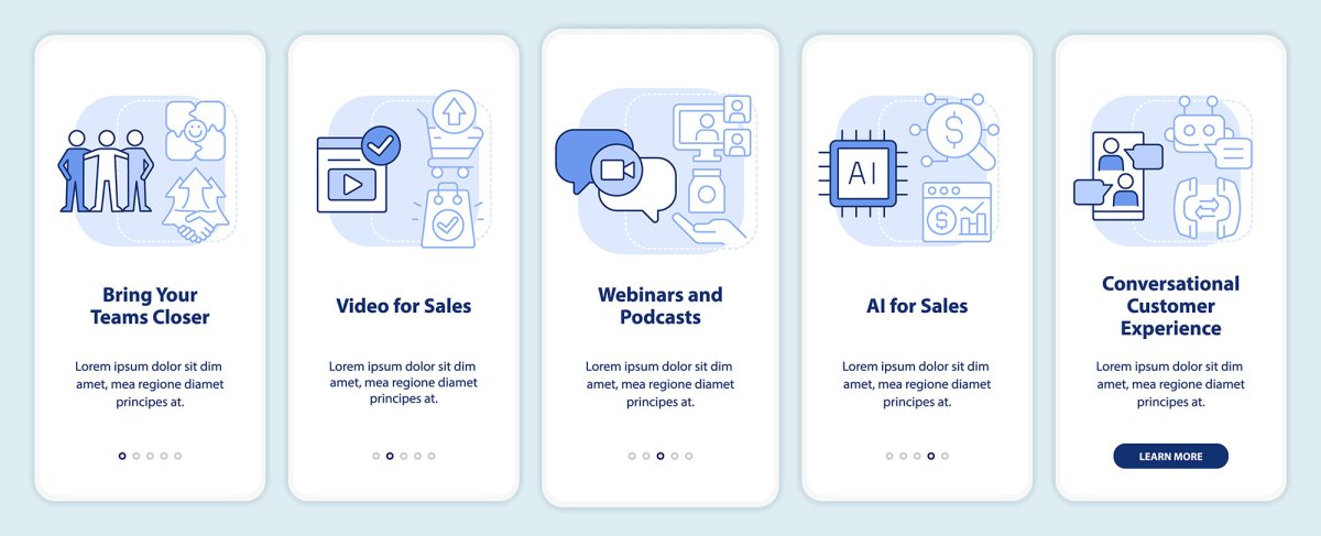 Types of sales relationships light blue onboarding mobile app screen