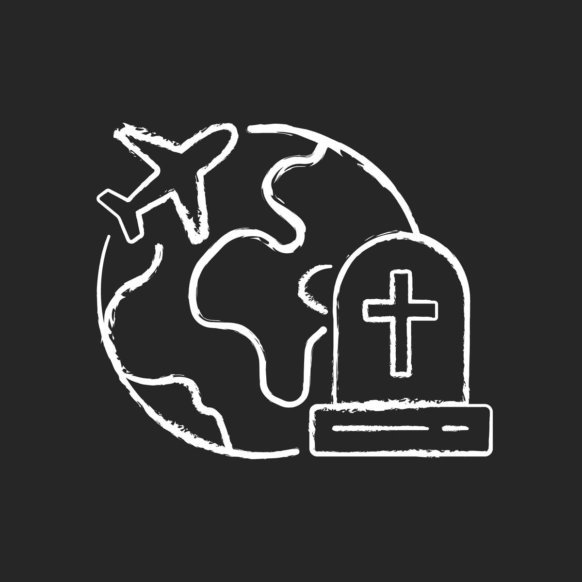Types of travel chalk white icons set on dark background