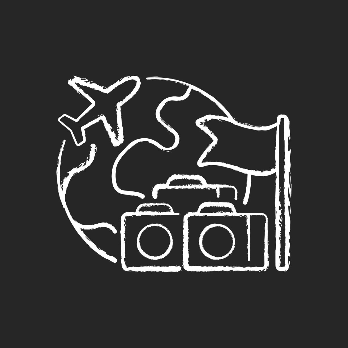 Types of travel chalk white icons set on dark background