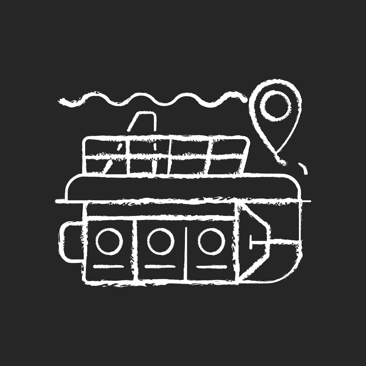 Types of travel chalk white icons set on dark background