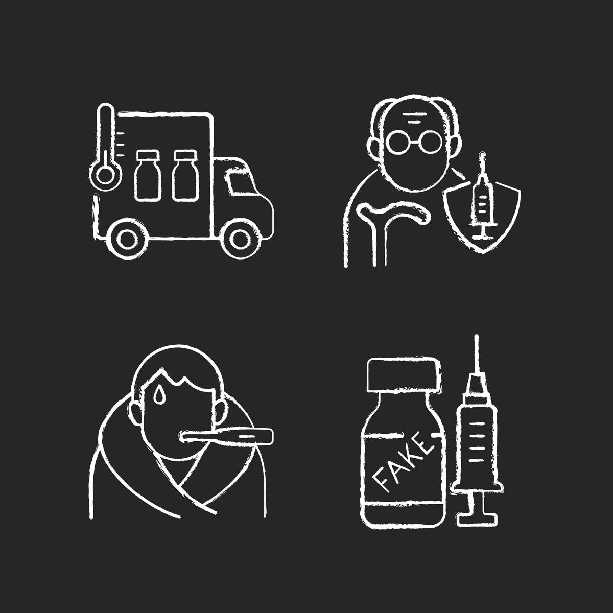 Vaccination and covid passport chalk white icons set on black background