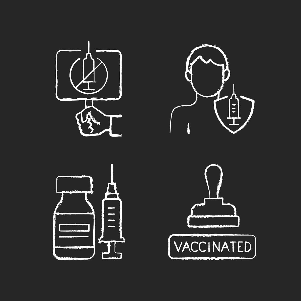 Vaccination and covid passport chalk white icons set on black background