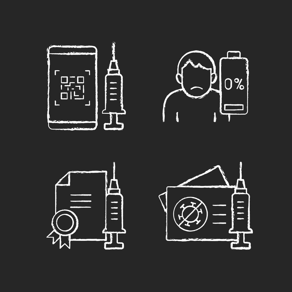Vaccination and covid passport chalk white icons set on black background