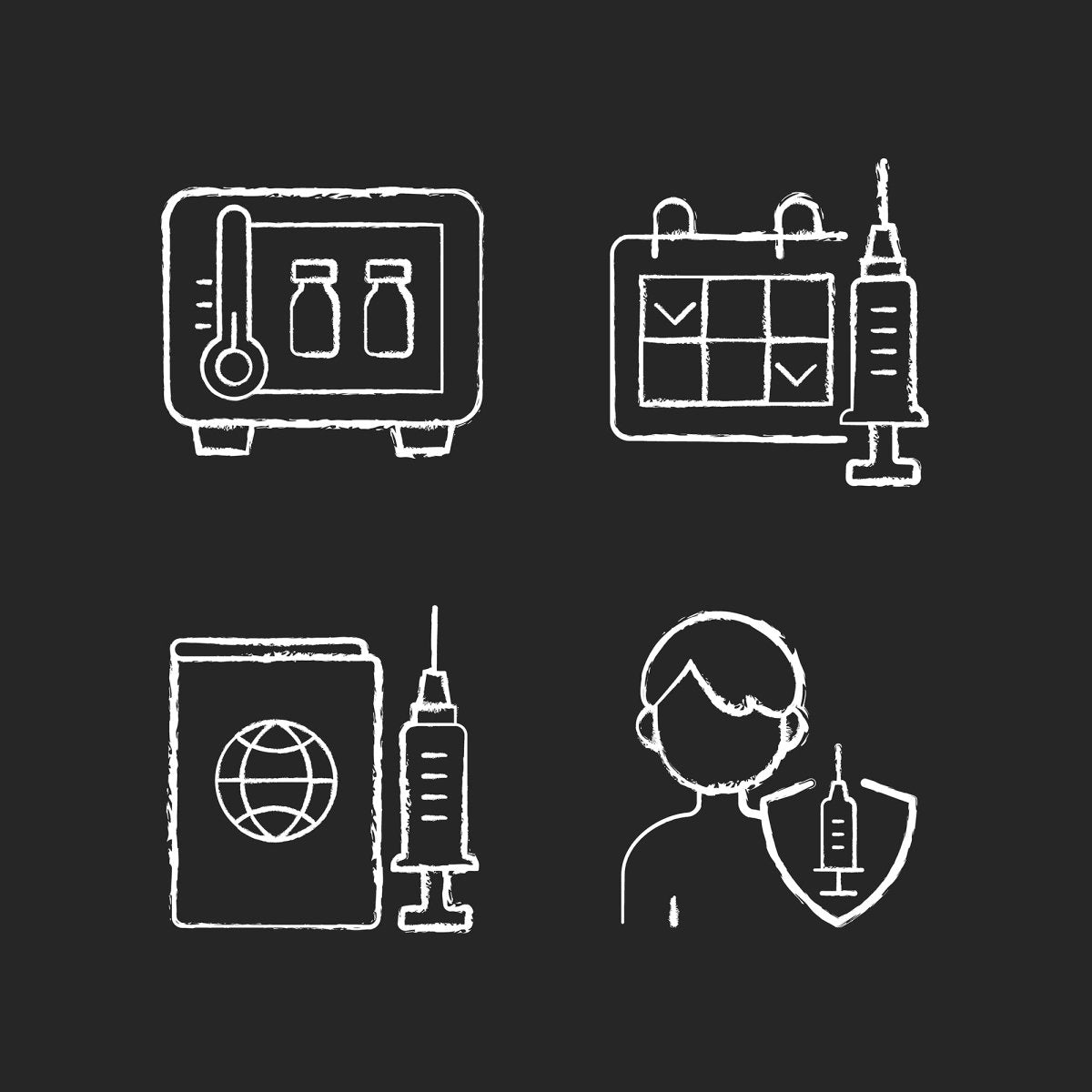Vaccination and covid passport chalk white icons set on black background