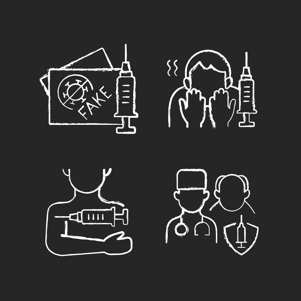 Vaccination and covid passport chalk white icons set on black background