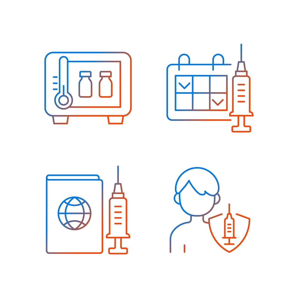 Vaccination and covid passport gradient linear vector icons set