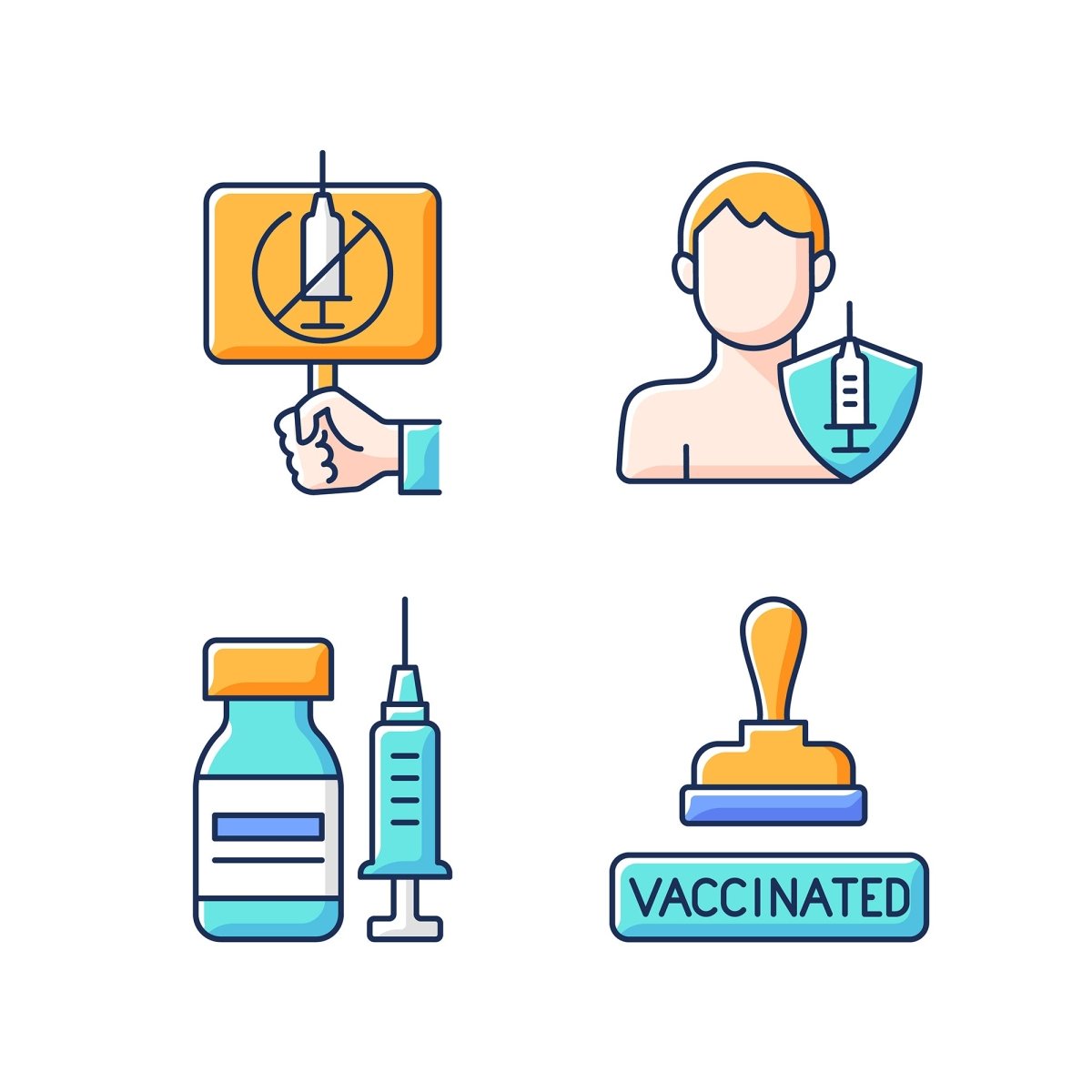 Vaccination and covid passport RGB color icons set
