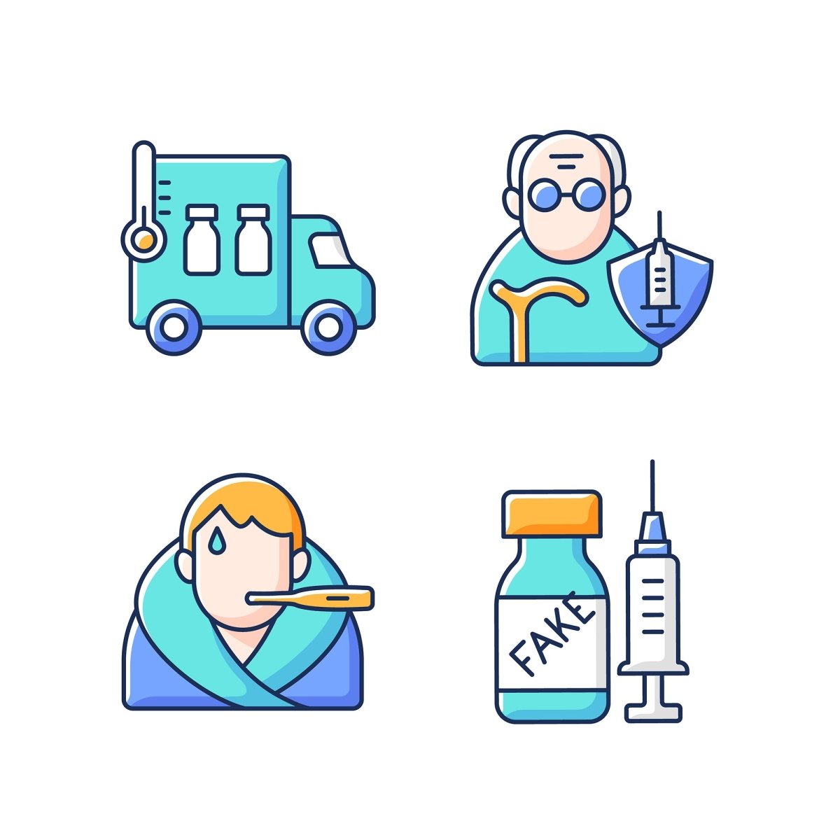 Vaccination and covid passport RGB color icons set
