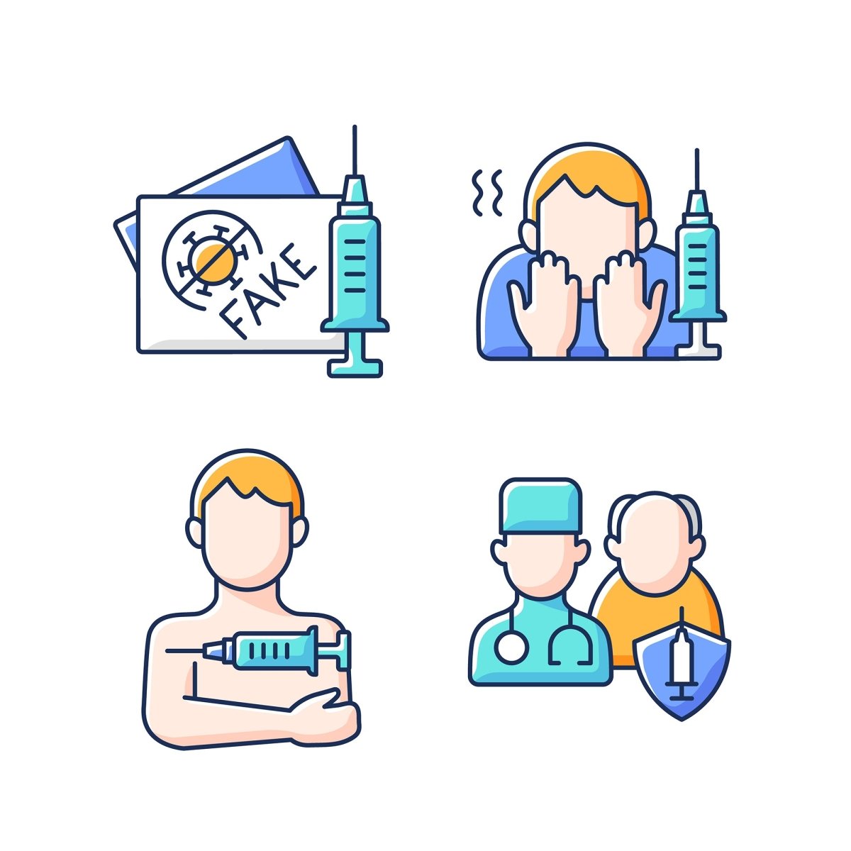 Vaccination and covid passport RGB color icons set