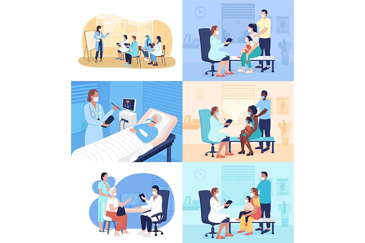 Visit doctor flat color vector illustrations