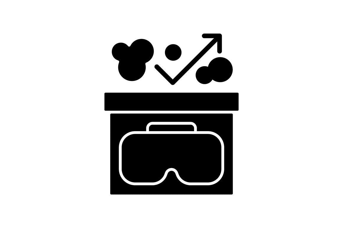 Vr headset black glyph manual label icons set on white space