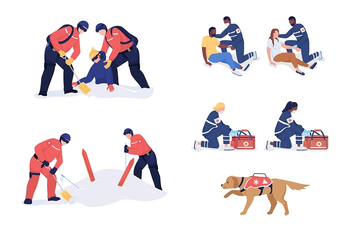 Winter rescuing semi flat color vector characters