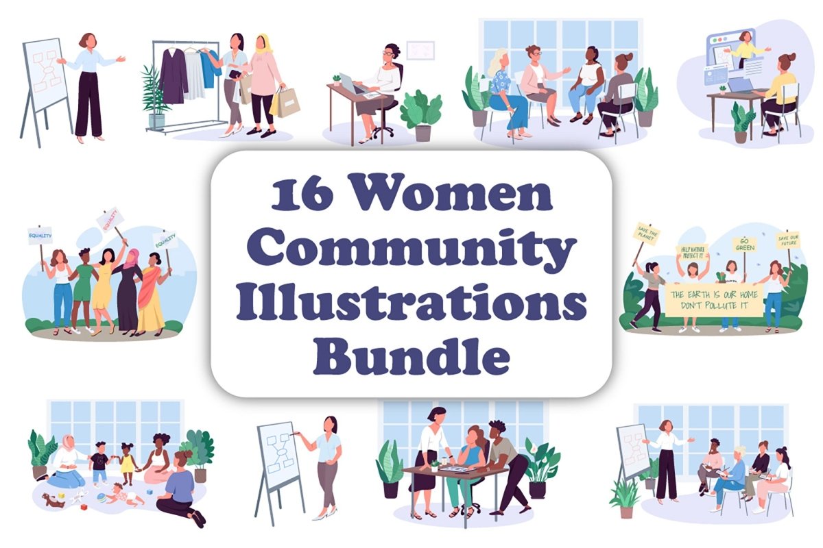Women community color vector character bundle