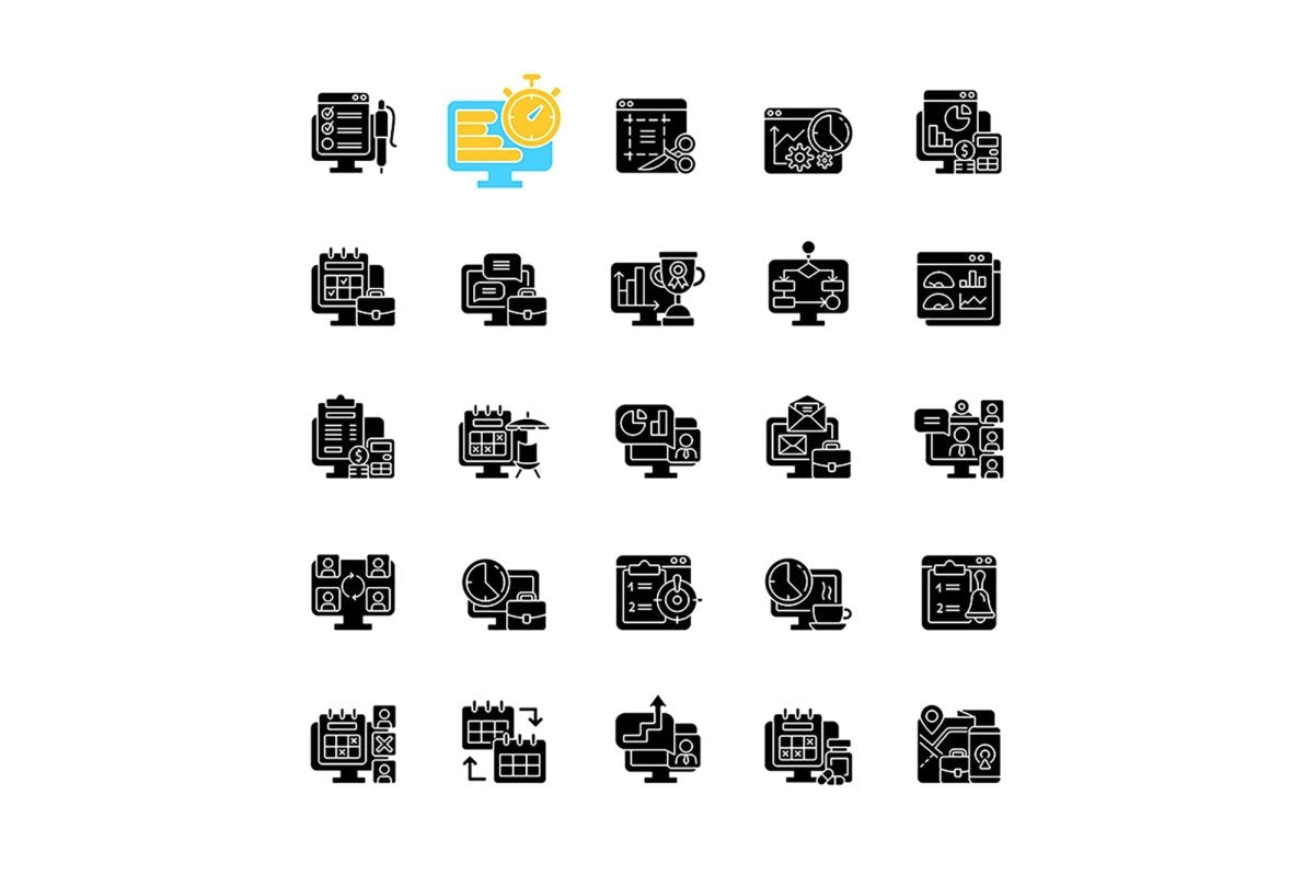 Work monitoring black glyph icons set on white space