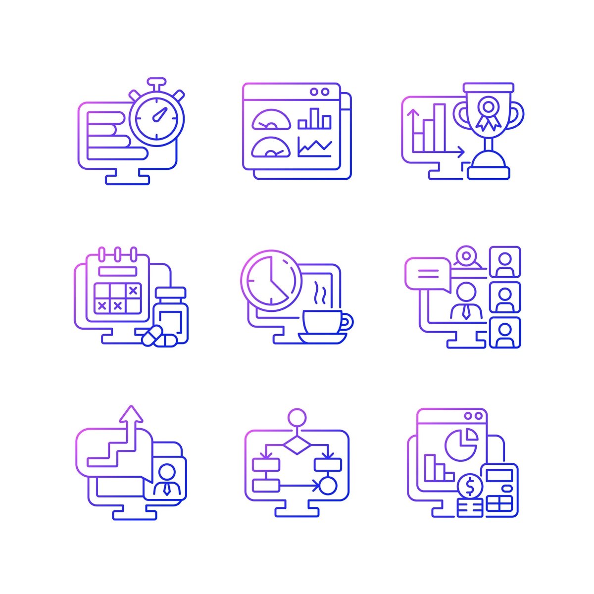 Work monitoring gradient linear vector icons set