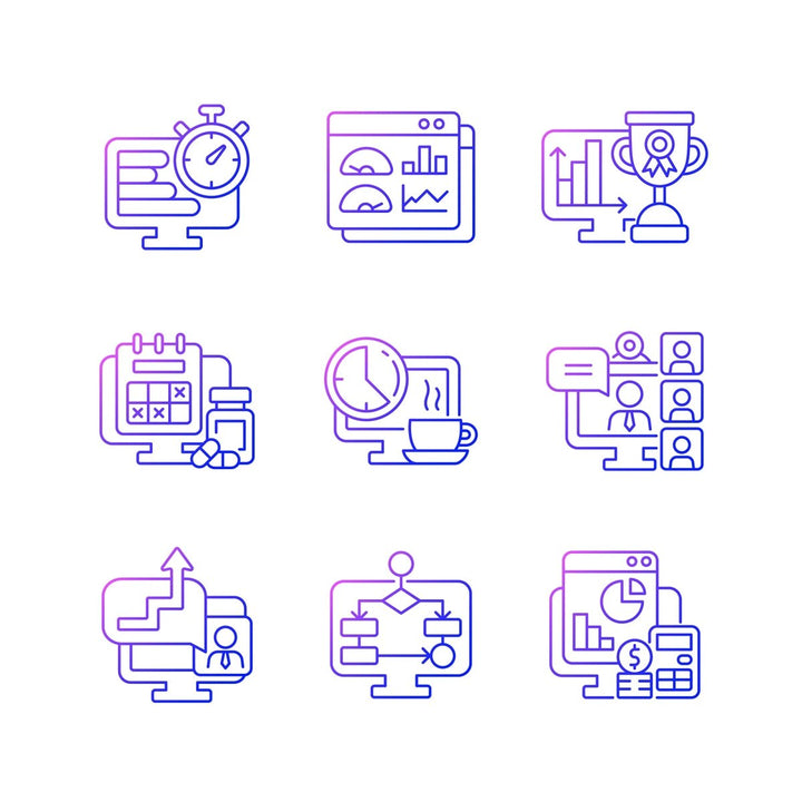 Work monitoring gradient linear vector icons set