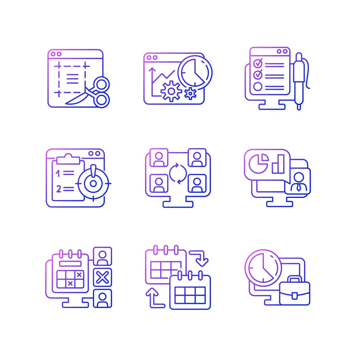 Work monitoring gradient linear vector icons set