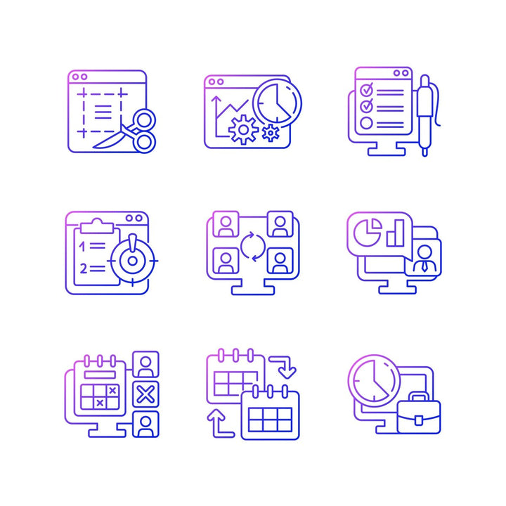 Work monitoring gradient linear vector icons set