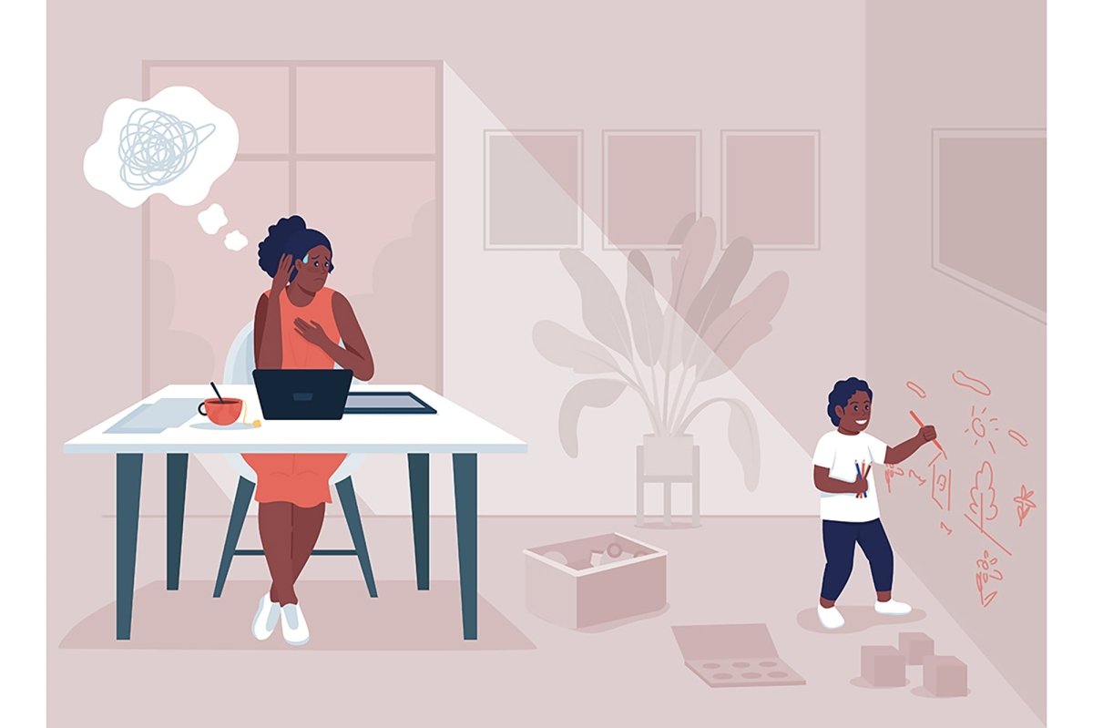 Working mom stress flat color vector illustration set