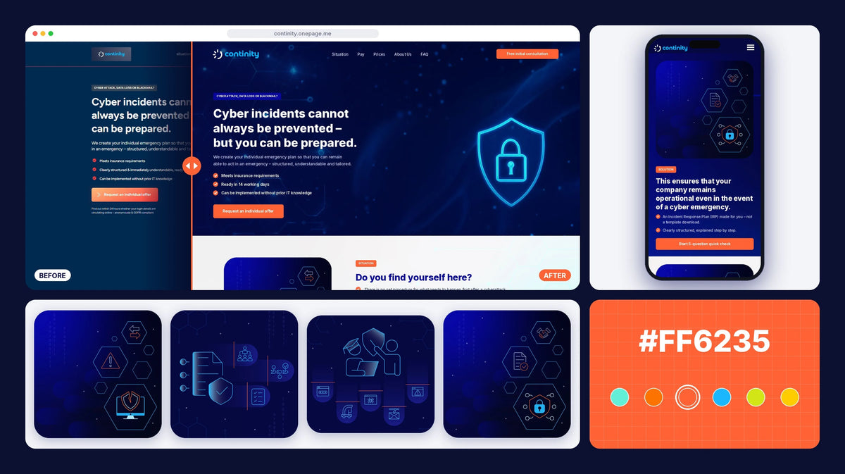 Cybersecurity website on a laptop with four custom dark blue illustrations that replaced stock visuals, by IMG Visuals
