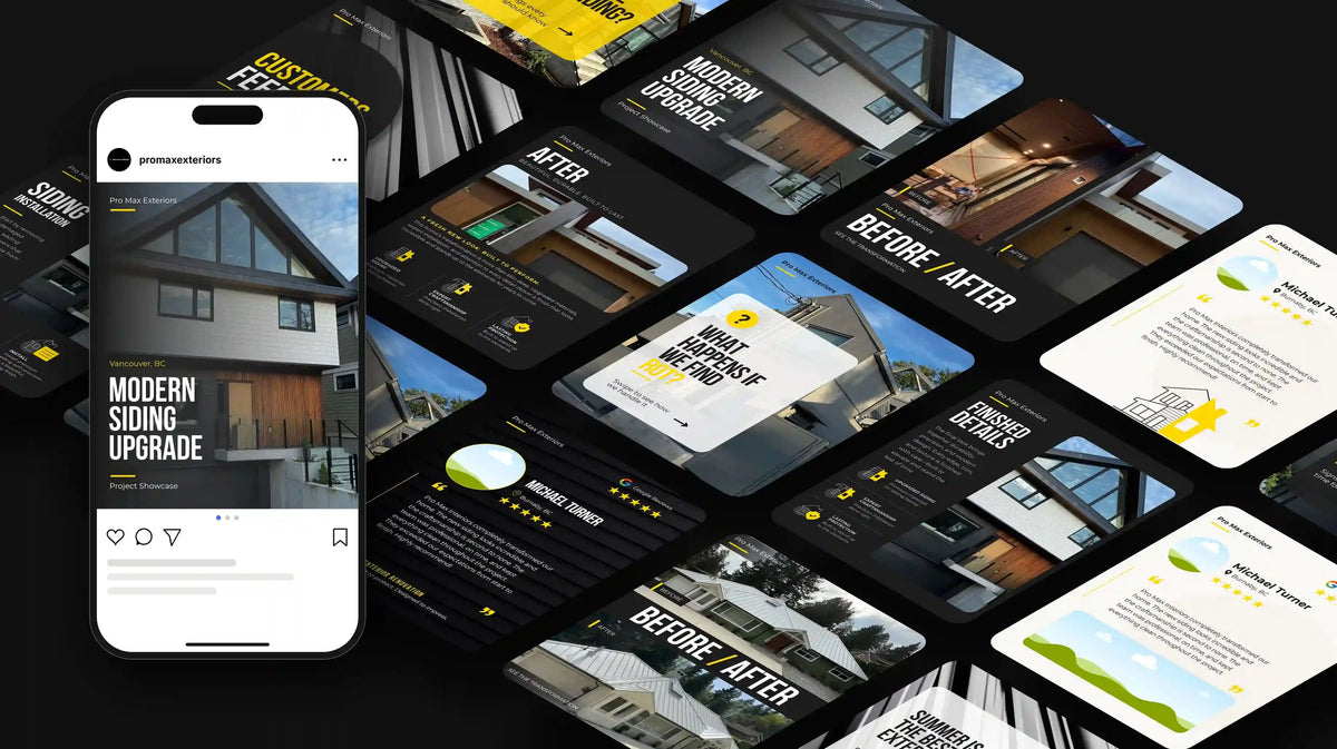 Pro Max Exteriors case study results slide showing transition from scattered visuals to one unified brand system across web, social media, and print.