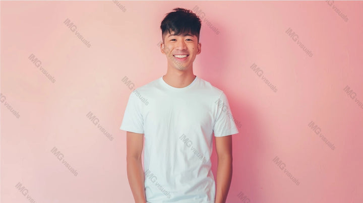 Young asian guy wearing white t-shirt mockup against soft pink background, ai generated. Playful, friendly atmosphere. Tshirt template advertising image. Simple outfit mock up product photorealistic