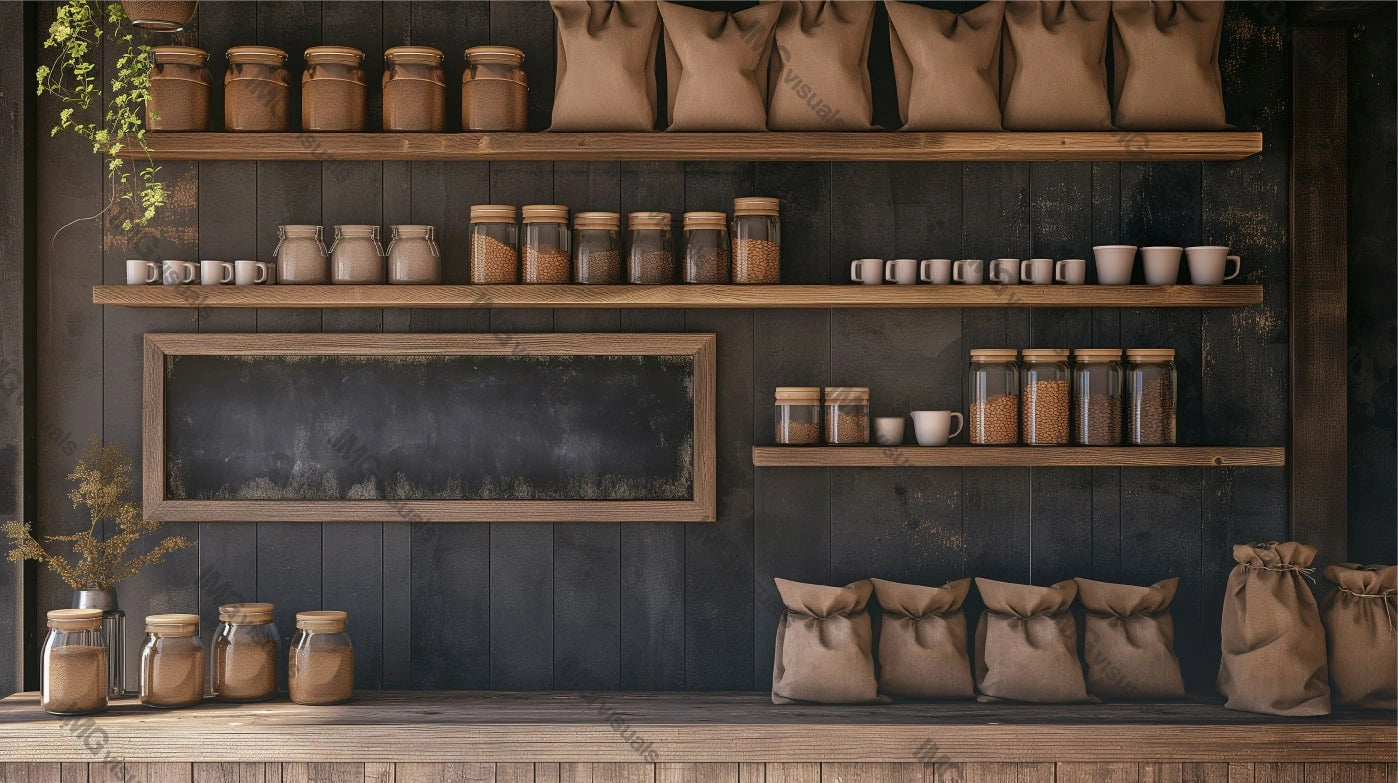 Coffeeshop display stocked with glass jars, brown bags and white mugs, ai generated. Warm rustic cafe kitchen counter template advertising image. Coffee shop interior mock up photorealistic