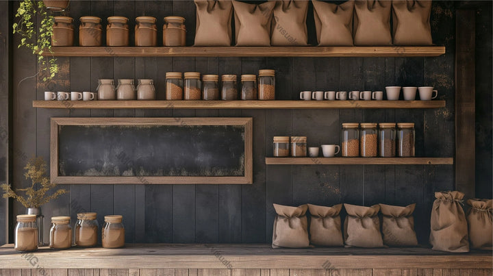 Coffeeshop display stocked with glass jars, brown bags and white mugs, ai generated. Warm rustic cafe kitchen counter template advertising image. Coffee shop interior mock up photorealistic