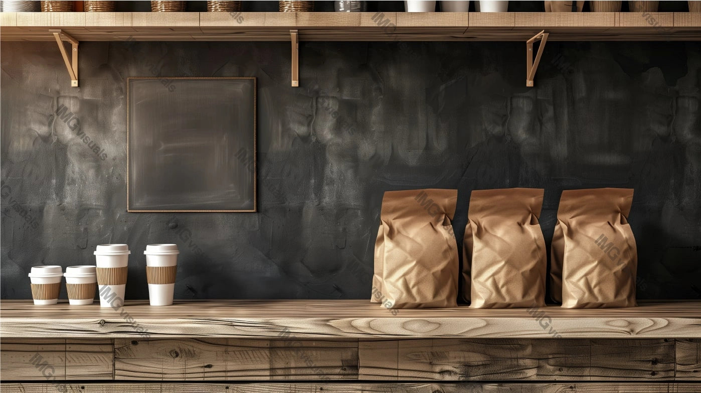 Coffeeshop counter displaying paper bags and takeaway cups, ai generated. Cafe setting. Small chalkboard, wooden shelves template advertising image. Coffee shop interior mock up photorealistic