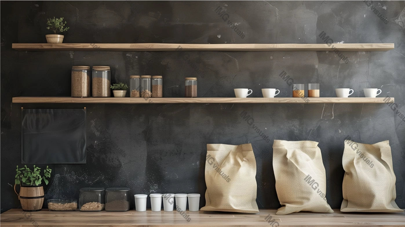 Well-organized coffeeshop counter display mockup, ai generated. Wooden shelves holding glass jars, white cups, brown paper bags template advertising image. Coffee shop interior mock up photorealistic