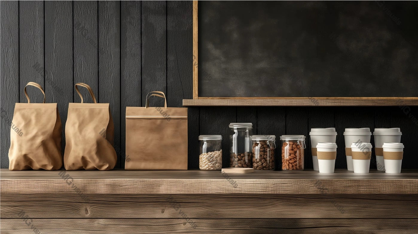 Coffeeshop counter with blank chalkboard mockup, ai generated. Glass jars with beans. Takeaway coffee cups. Brown paper bags template advertising image. Coffee shop interior mock up photorealistic
