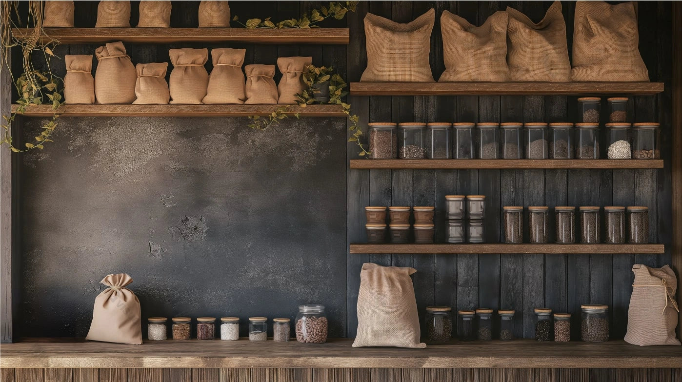 Coffeeshop shelf organization mockup, ai generated. Glass jars filled with grains and spices. Foliage wooden. Brown bags template advertising image. Coffee shop interior mock up photorealistic