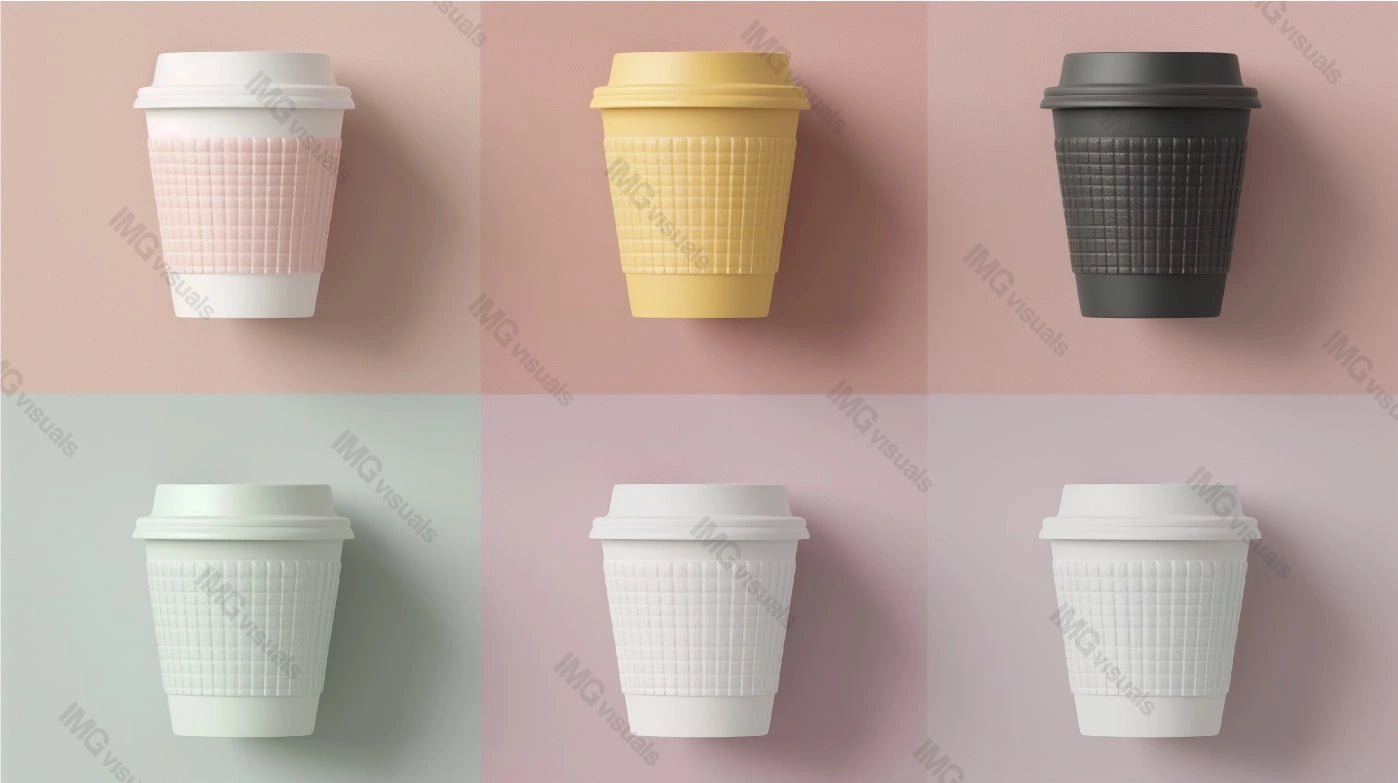 Six coffee cups mockup with textured pastel sleeves against pink backdrop, ai generated. Coffeecups template advertising image. Coffeeshop takeaway beverages mock up products photorealistic