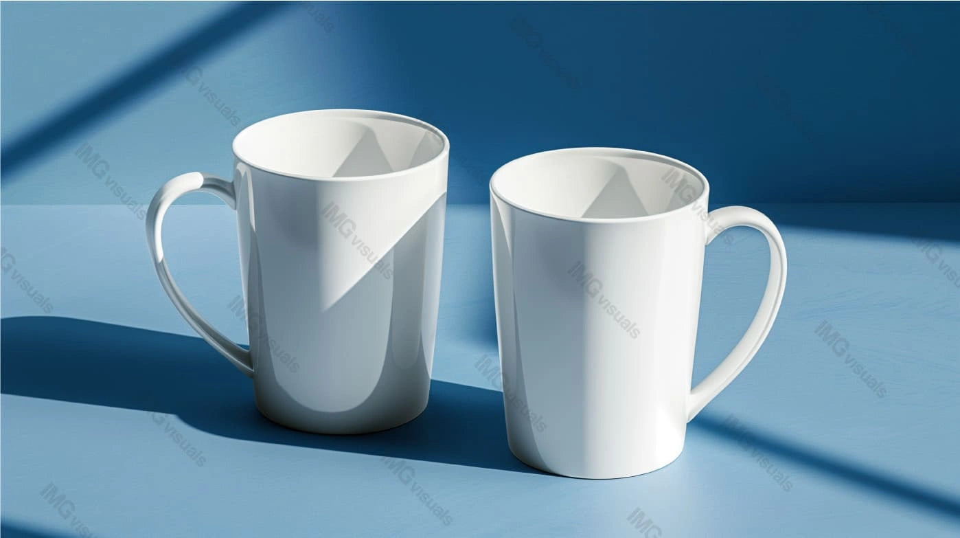Two white ceramic mugs mockup with tapered shape against solid blue surface, ai generated. Tea cups template advertising image. Dramatic shadows, elegant simplicity. Coffeecups mock up photorealistic
