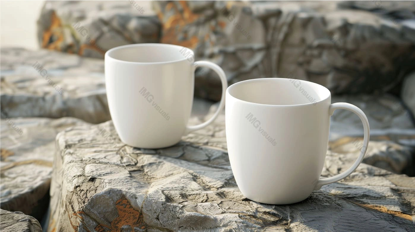 Two white ceramic mugs mockup placed on rugged stone surface, ai generated. Everyday essentials. Tea cups template advertising image. Contemporary aesthetic. Smooth coffeecups mock up photorealistic
