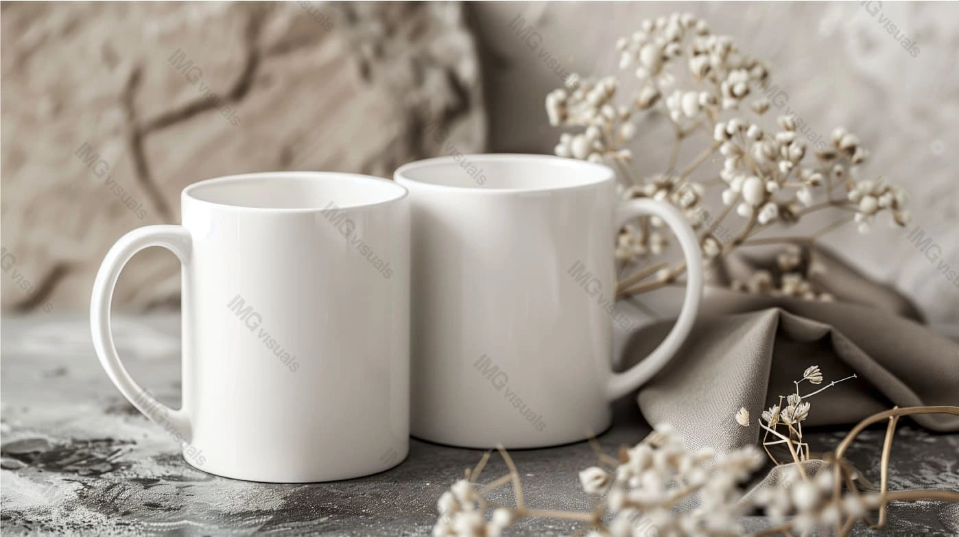 Two white mugs mockup with dried flowers and fabric cloth, ai generated. Tea cups template advertising image. Textured surface. Cozy and rustic aesthetic. Coffeecups mock up products photorealistic