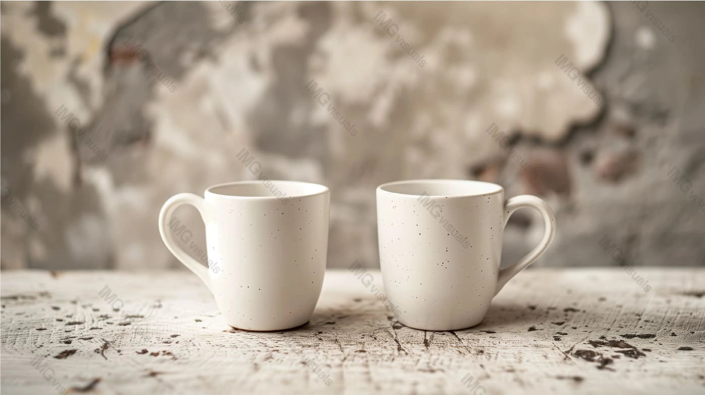 Two speckled white mugs mockup on weathered rustic surface, ai generated. Textured aged wall. Tea cups template advertising image. Cozy atmosphere. Coffeecups mock up products photorealistic