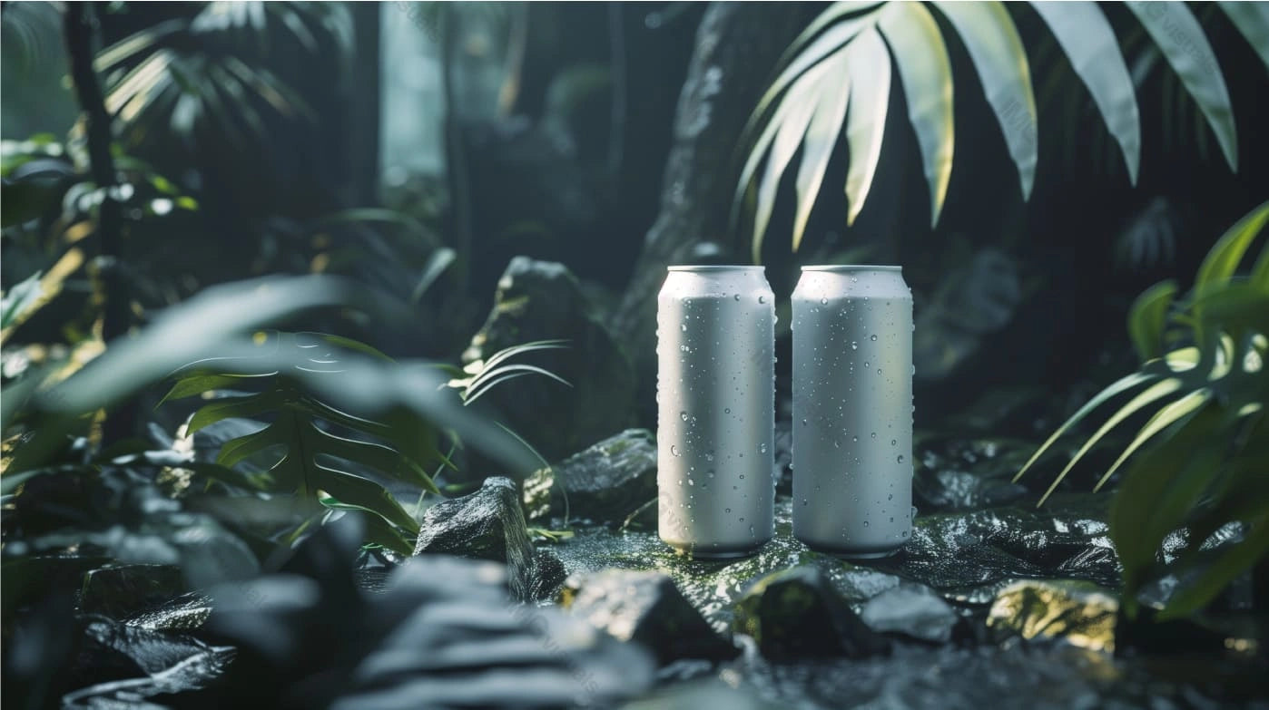 Two blank aluminum cans mockup among wet mossy rocks and tropical plants, ai generated. Humid rainforest. Canned drink template advertising image. Carbonated beverages mock up products photorealistic