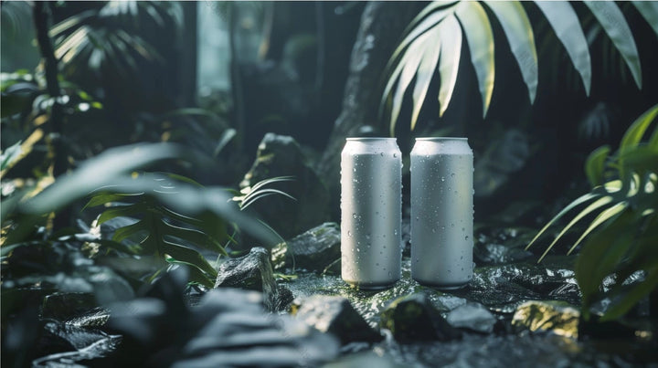 Two blank aluminum cans mockup among wet mossy rocks and tropical plants, ai generated. Humid rainforest. Canned drink template advertising image. Carbonated beverages mock up products photorealistic