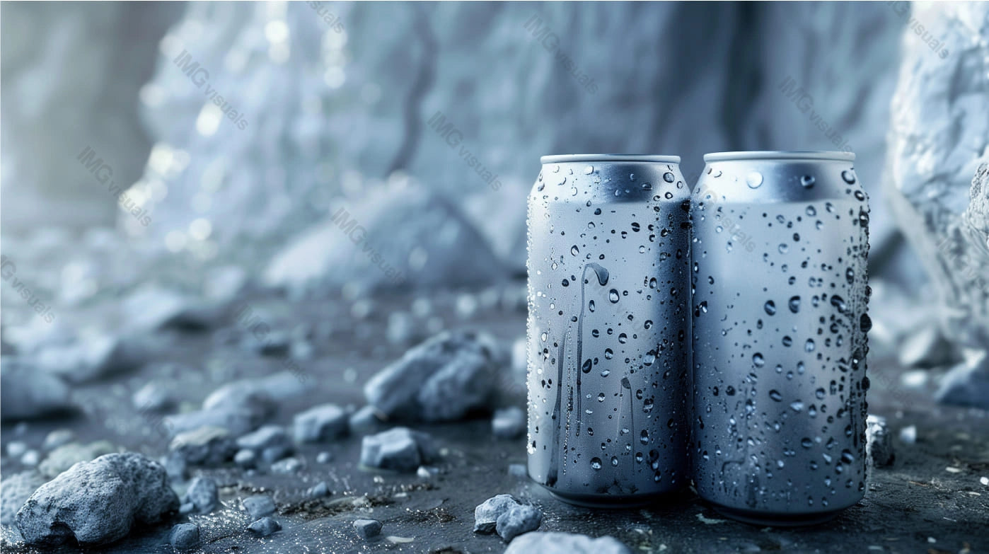 Two silver aluminum cans mockup with condensation on rocky icy surface, ai generated. Extreme cold, refreshing canned drink template advertising image. Carbonated beverages mock up products realistic