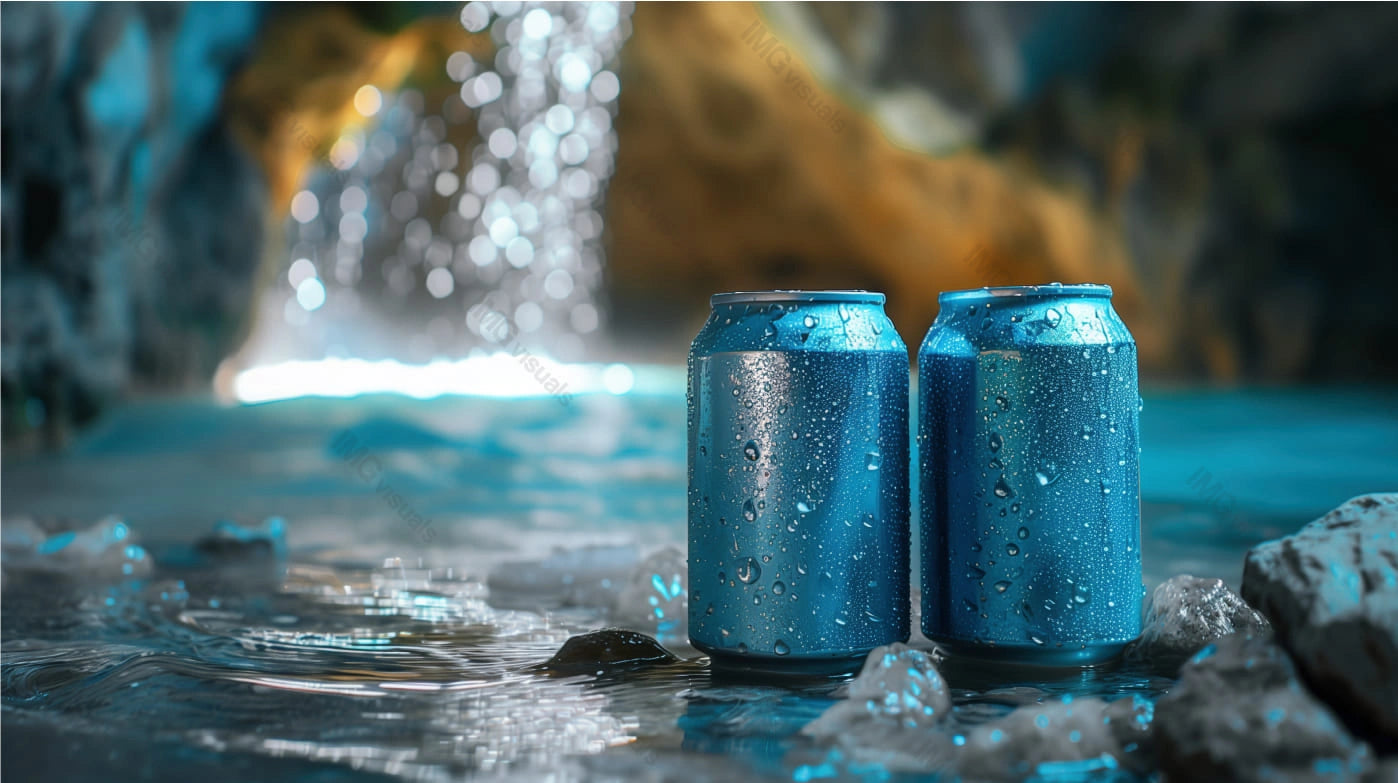 Two blue aluminum cans mockup stand on rocky surface with blurry waterfall, ai generated. Refreshing coolness. Canned drink template advertising image. Carbonated beverages mock up products realistic