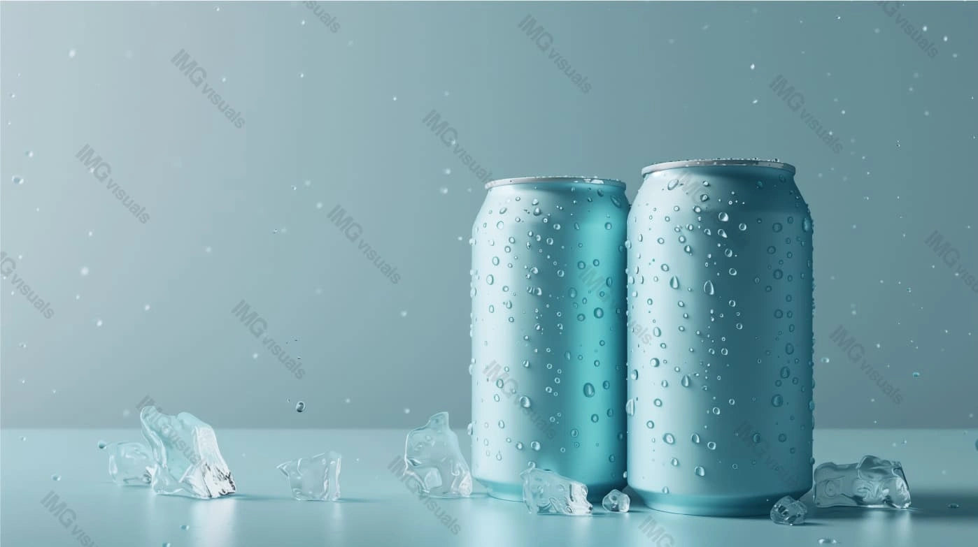 Two light blue aluminum cans mockup with water drops and ice pieces, ai generated. Cool beverage season. Canned drink template advertising image. Carbonated beverages mock up products photorealistic