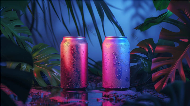 Two water droplets cans mockup in neon light amid lush green leaves, ai generated. Vibrant and tropical ambiance. Canned drink template advertising image. Carbonated beverages mock up products