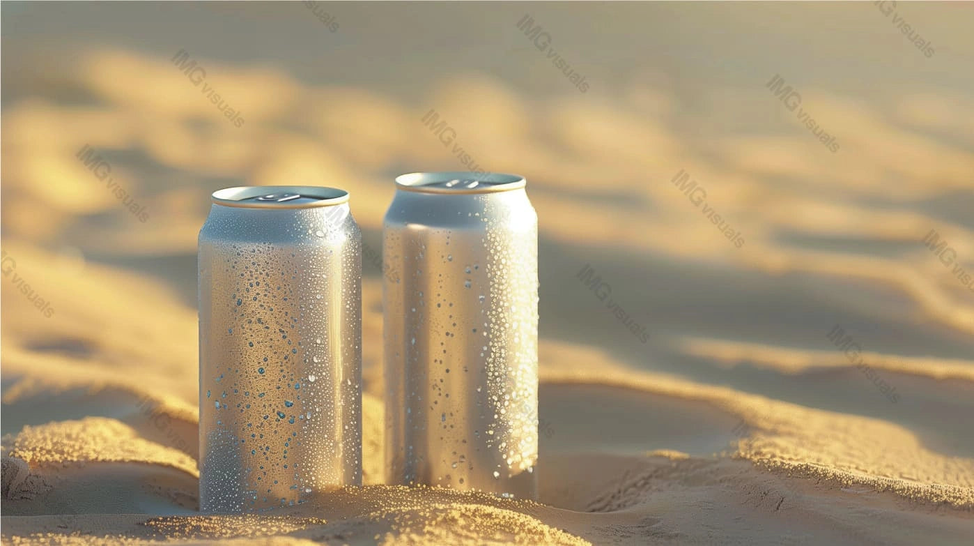 Two silver condensation cans mockup on sandy dunes under warm sunlight, ai generated. Summer refreshment. Canned drink template advertising image. Carbonated beverages mock up products photorealistic