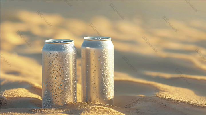 Two silver condensation cans mockup on sandy dunes under warm sunlight, ai generated. Summer refreshment. Canned drink template advertising image. Carbonated beverages mock up products photorealistic