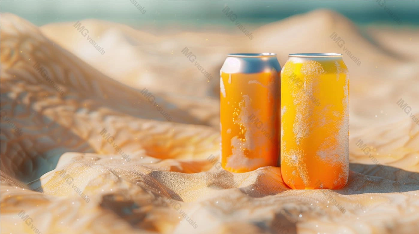 Two orange aluminum cans mockup on undulating sandy ground, ai generated. Summertime vibes. Canned drink template advertising image. Carbonated beverages mock up products photorealistic