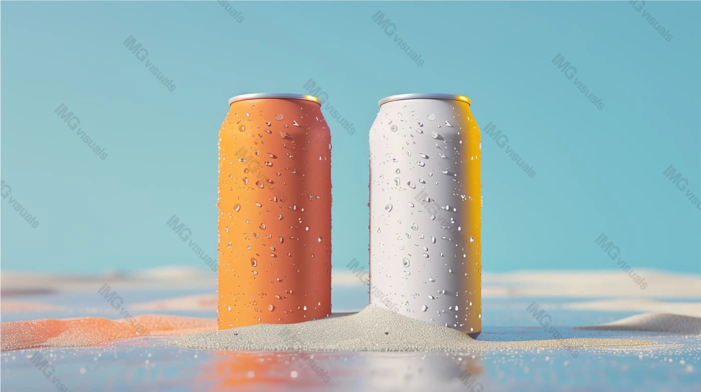 Two orange and white aluminum cans mockup with condensation droplets, ai generated. Sunlit sand, seaside canned drinks template advertising image. Carbonated beverages mock up products photorealistic